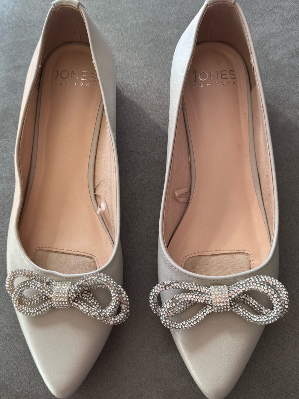Jones New York Ivory Pointed Toe Flats with Crystal Bow